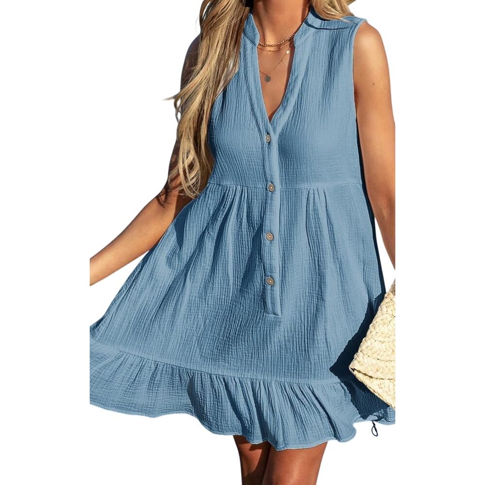 New Sleeveless Ruffled Hem Blue Mini Notched neckline & button top flat collar - Picture 5 of 8